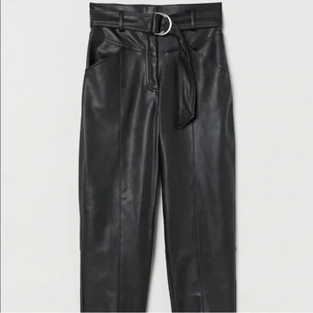 NWT H&M‎ Faux Black Leather pants tapered leg High waist Detachable belt  Sz 6
